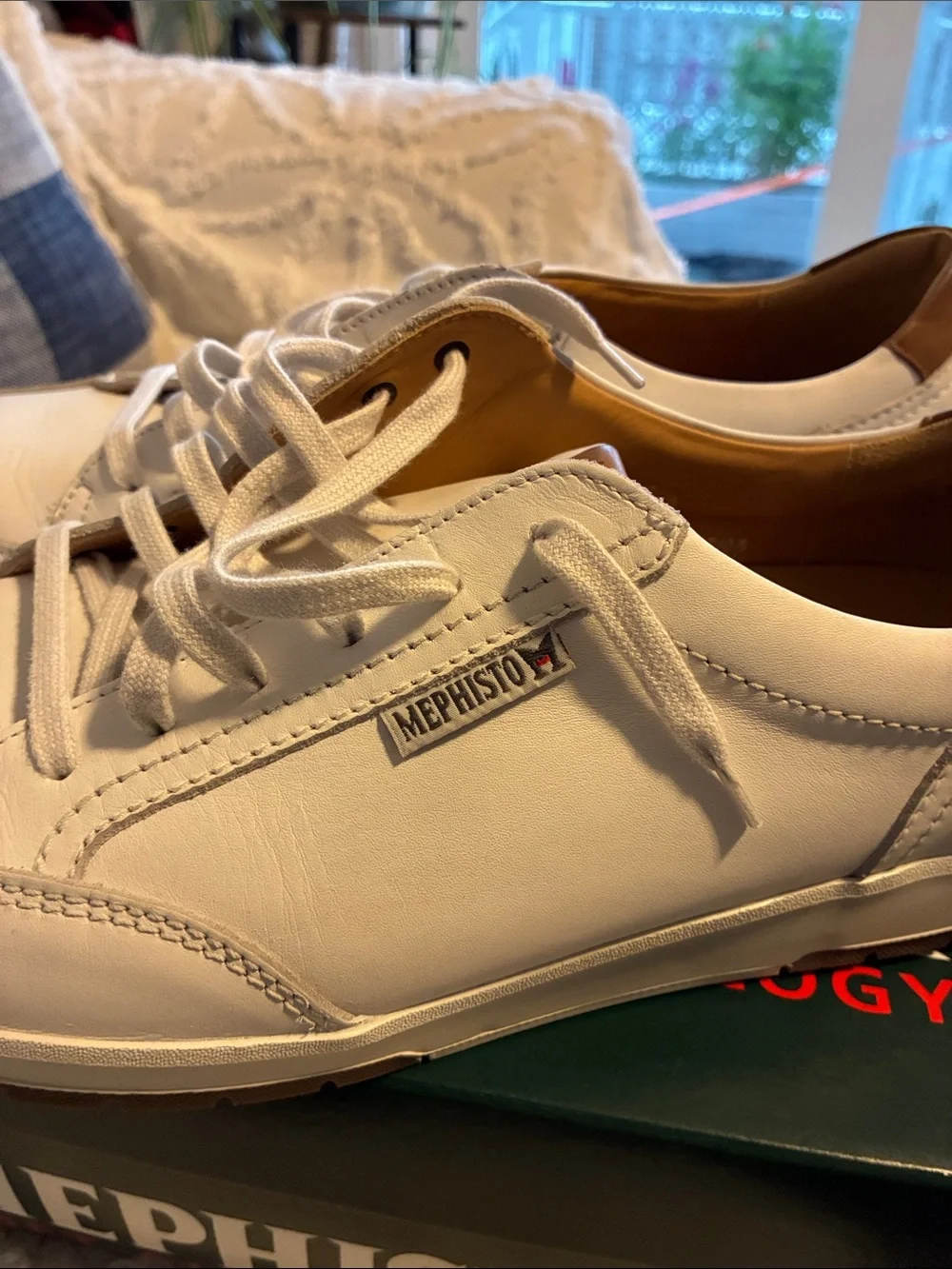 Mephisto White Leather Slip-On Lace Casual Shoes with Tan Heel Accent Mephisto White Leather Slip-On Lace Casual Shoes with Tan  main image 2
